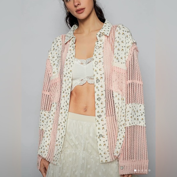 POL Tops - POL Floral Patchwork and Pink Crochet Blouse